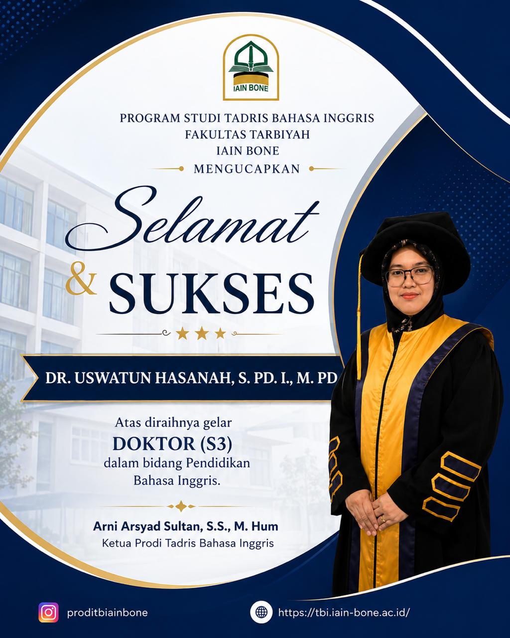 Selamat dan Sukses atas Raihan Gelar Doktor Dr. Uswatun Hasanah, S.Pd.I., M.Pd.